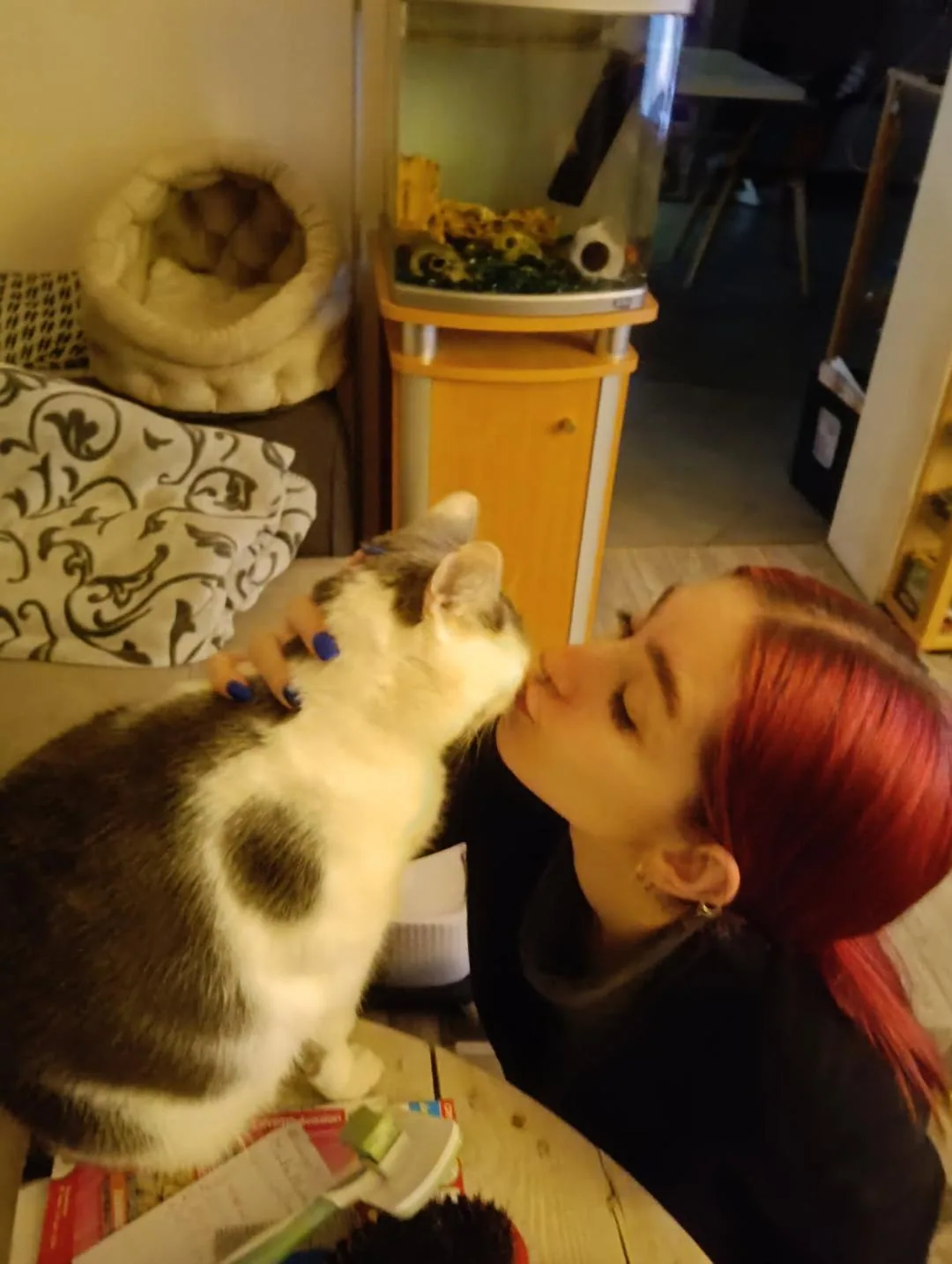 Moment de confiance entre Laura Scholer et un chat gardé à domicile